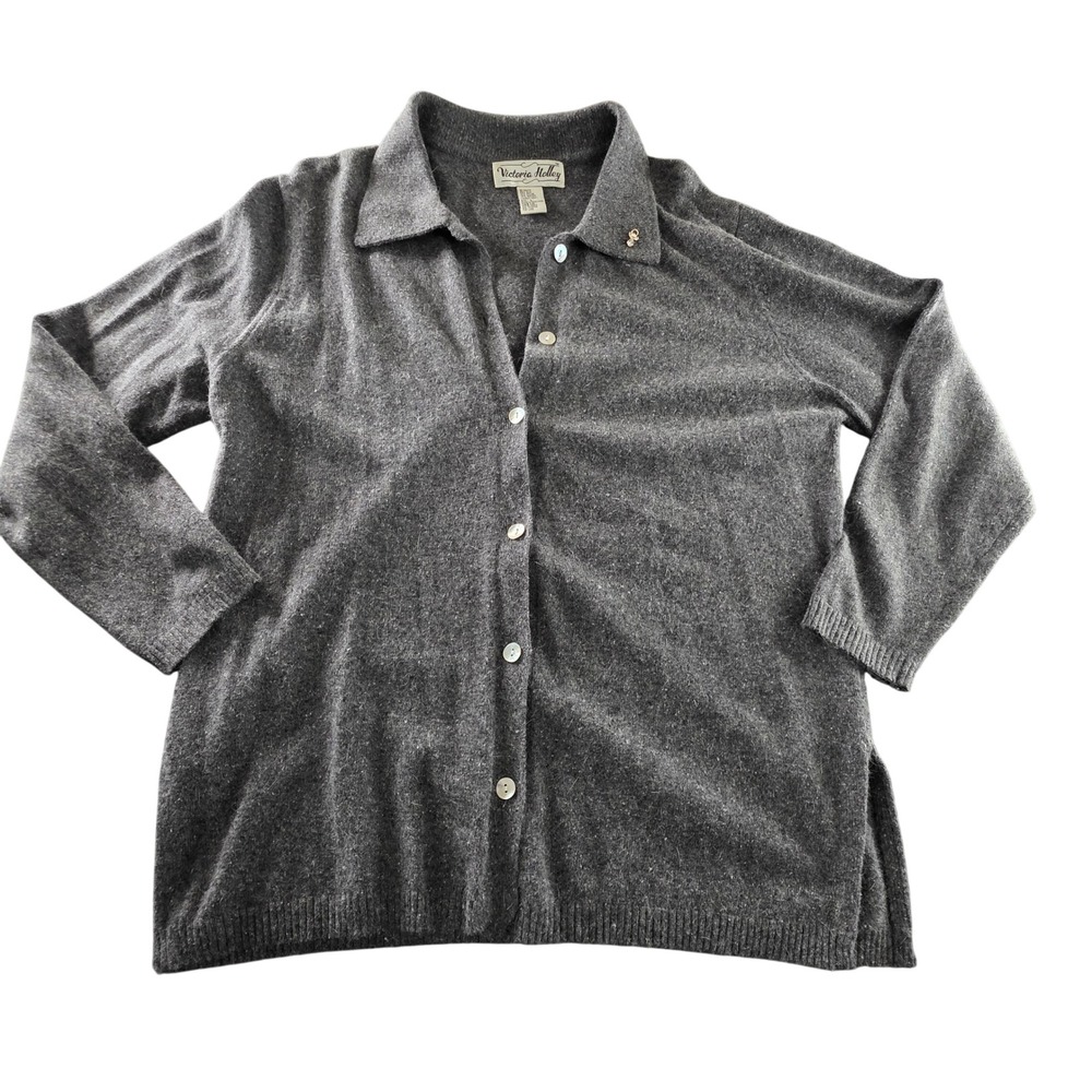 Victoria Holley Silk Angora Blend Cardigan Sweater Gray Button‎ Front Large